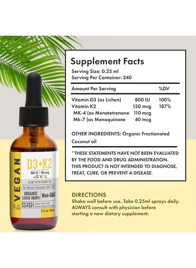 GIVOL Vitamin D3 + K2 Liquid Drops (MK4 & MK7) Organic Fractionated Coconut Oil, Plant-Based, Gluten-Free, Dairy-Free, Soy-Free, Nut-Free - High Potency, Derived from Lichen & Natto, 2oz 240 Days Supply - Image 2