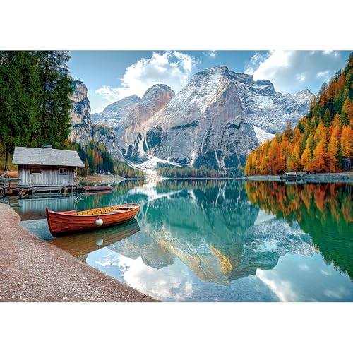 MINIWAN Braies Lake Jigsaw Puzzles 1000 Pieces Nature Landscape Puzzles for Adults 1000 Pieces with Letters on Back Hard Impossible Difficult Challenging Family Puzzle Mountain Lake Scenery Puzzles - Image 1