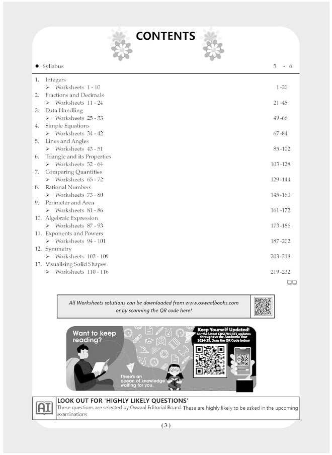 Oswaal NCERT & CBSE One for all Workbook | Mathematics | Class 7 | Updated as per NCF | MCQ's | VSA | SA | LA | For Latest Exam