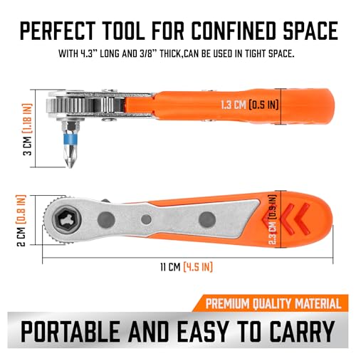 HORUSDY 23pc 1/4" Ultra Low Profile Mini Ratchet Screwdriver Set – Tamper Resistant Star Bits, 90 Degree Right Angle Offset Reversible Drive Handle, High Torque Close Quarters Tool with Multi Hex Bits - Image 3