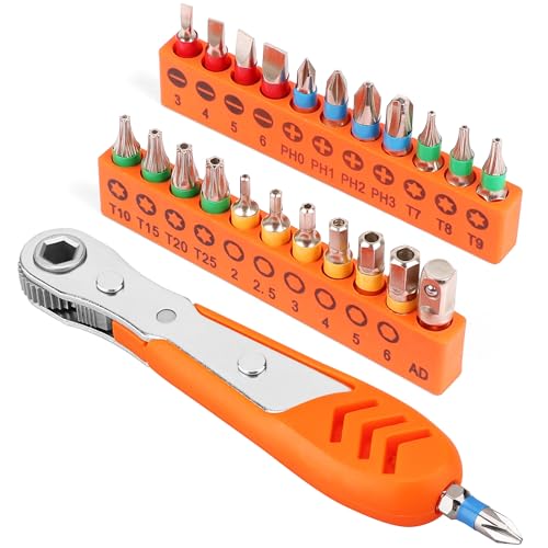 HORUSDY 23pc 1/4" Ultra Low Profile Mini Ratchet Screwdriver Set – Tamper Resistant Star Bits, 90 Degree Right Angle Offset Reversible Drive Handle, High Torque Close Quarters Tool with Multi Hex Bits - Image 1