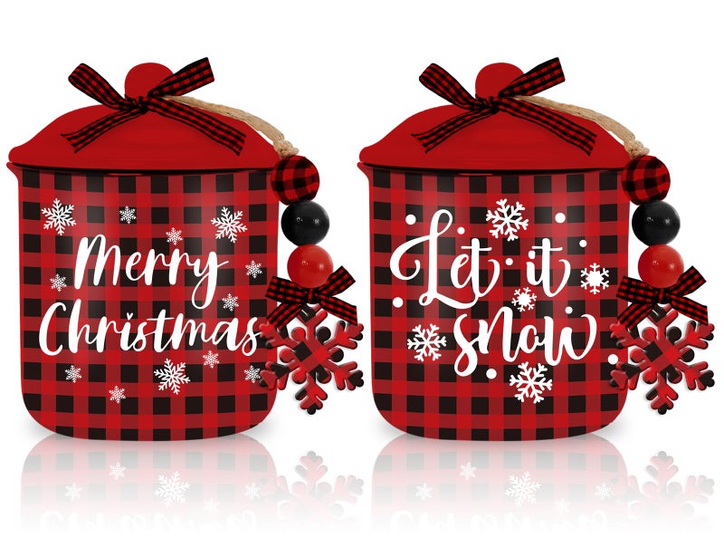 Whaline 2Pcs Christmas Mini Ceramic Canister Red Black Plaid Xmas Mini Jar Holiday Candy Holder with Lid Bow for Xmas Winter Tiered Tray Decor Home Storage Accessory