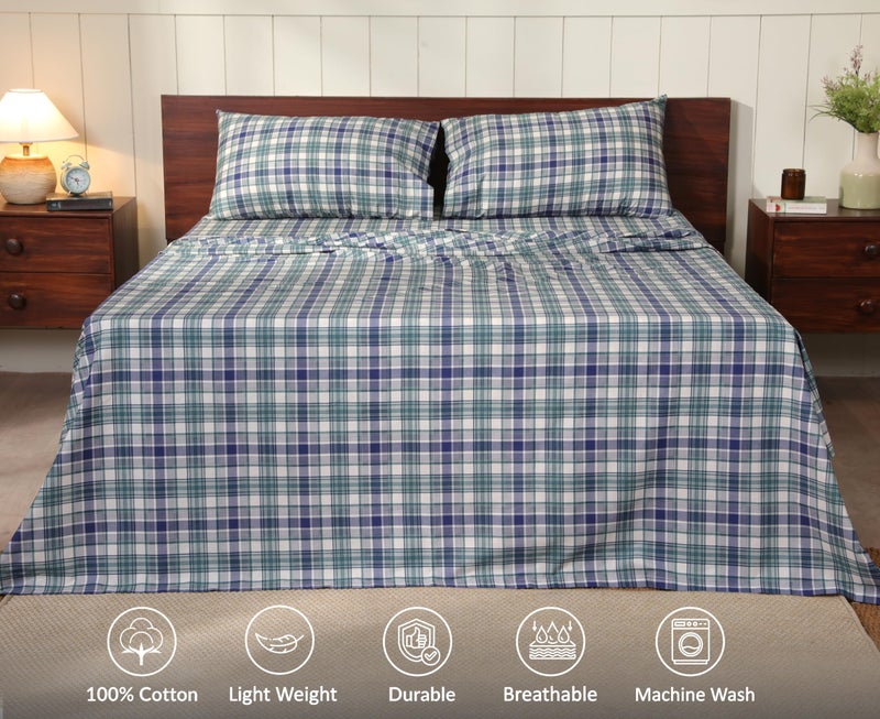 RUVANTI 100% Cotton Sheets â€“ Queen Size Percale Bedding, Cooling & Breathable Floral Design, Durable with a Crisp, Soft & Comfortable Feel, 16" Deep Pocket, 4-Piece Set, Greenish Blue Plaid - Image 3
