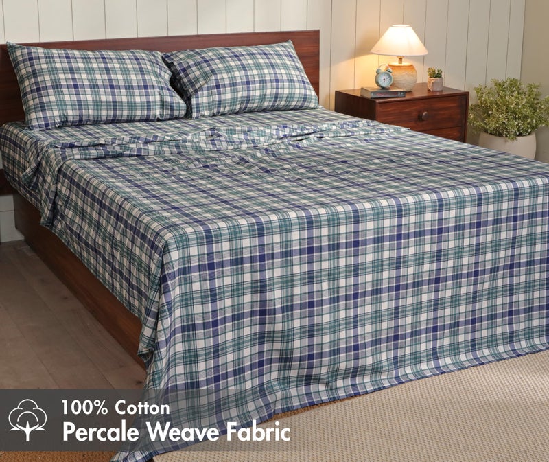 RUVANTI 100% Cotton Sheets â€“ Queen Size Percale Bedding, Cooling & Breathable Floral Design, Durable with a Crisp, Soft & Comfortable Feel, 16" Deep Pocket, 4-Piece Set, Greenish Blue Plaid - Image 2