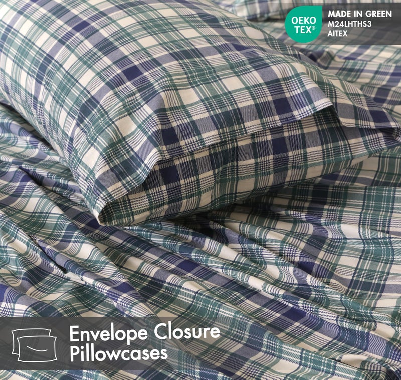 RUVANTI 100% Cotton Sheets â€“ Queen Size Percale Bedding, Cooling & Breathable Floral Design, Durable with a Crisp, Soft & Comfortable Feel, 16" Deep Pocket, 4-Piece Set, Greenish Blue Plaid - Image 5