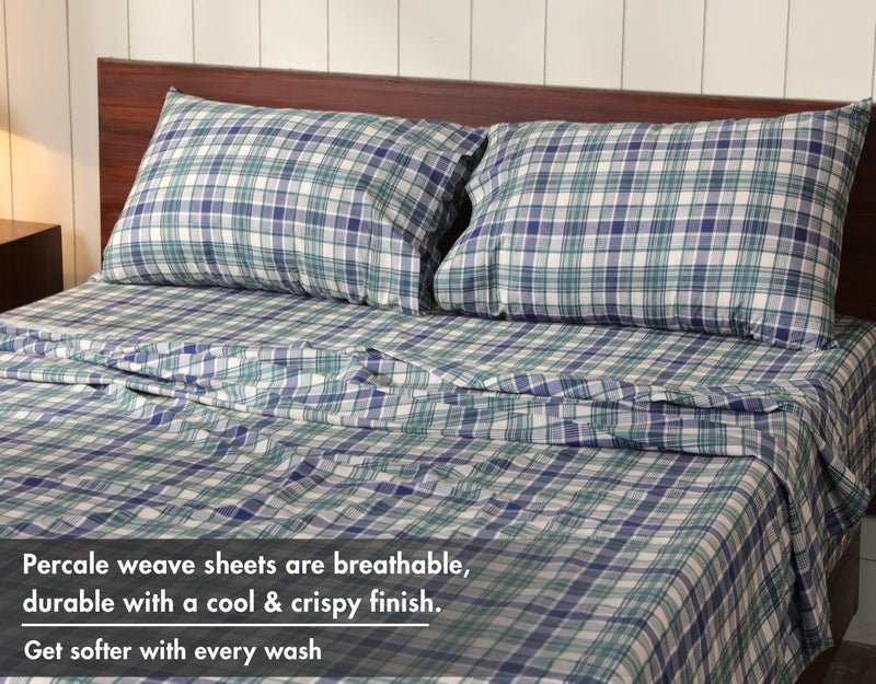 RUVANTI 100% Cotton Sheets â€“ Queen Size Percale Bedding, Cooling & Breathable Floral Design, Durable with a Crisp, Soft & Comfortable Feel, 16" Deep Pocket, 4-Piece Set, Greenish Blue Plaid - Image 4