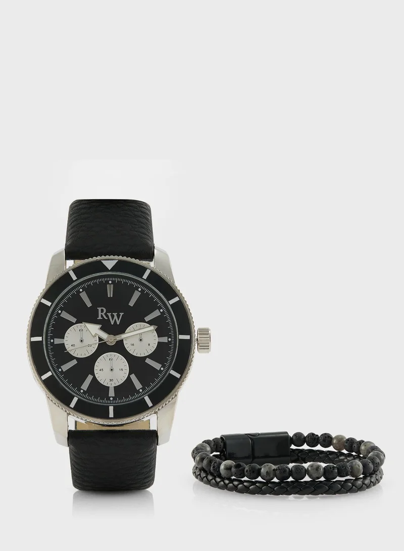 Robert Wood Sporty Analogue Watch & Beaded Bracelet Gift Set