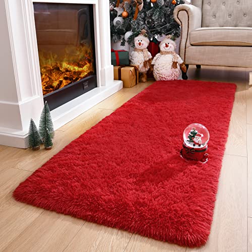 DETUM Red Rug 2x6 Feet - Fluffy Red Runner Rugs for Bedroom Shaggy 2' X 6' Living Room Rug Soft Rugs for Kids Room Non-Slip Nursery Office Dorm Washable Carpets Home Decor - Image 5