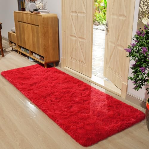 DETUM Red Rug 2x6 Feet - Fluffy Red Runner Rugs for Bedroom Shaggy 2' X 6' Living Room Rug Soft Rugs for Kids Room Non-Slip Nursery Office Dorm Washable Carpets Home Decor - Image 2