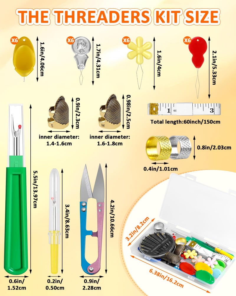 FIVEIZERO Needle Threaders Kit, 24 PCS Needle Threader for Hand Sewing, Needles Threader for Swing & Embroidery Floss with Embroidery Needles, Seam Ripper, Thread Snips, Thimble and Measuring Tape - Image 2