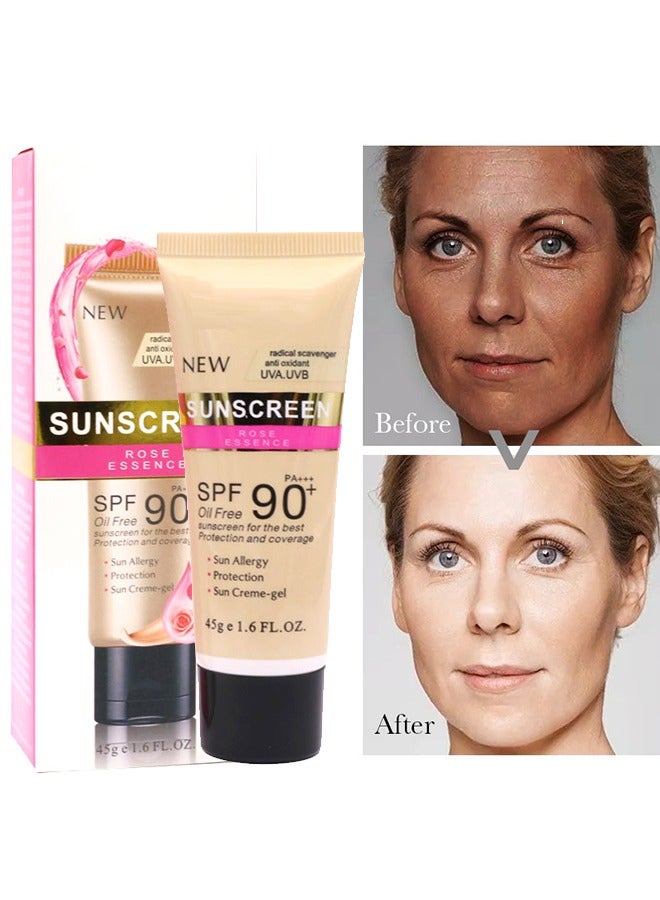 EELHOE Rose Essence Sunscreen SPF90+, 2-in-1 Hydrating & Soothing Moisturizer & Face Sunscreen, Broad Spectrum Protection, Hypoallergenic for Sensitive Skin 45g - Image 1
