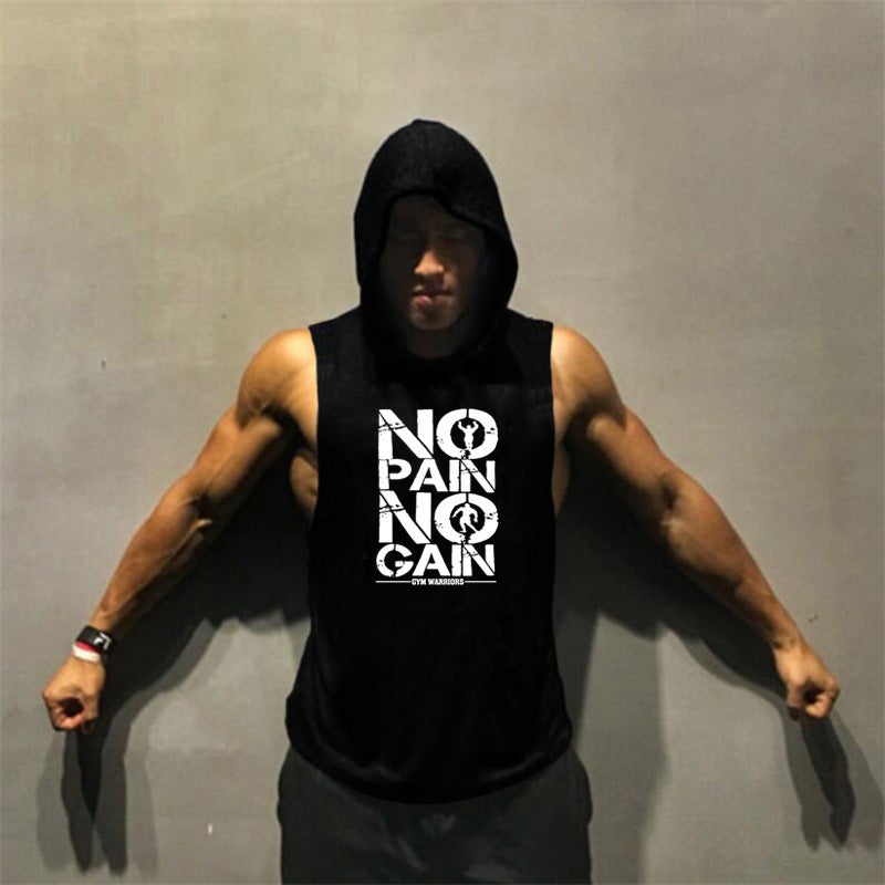 Foreign Trade Hot Sale Muscle Men Bodybuilding Fitness Waistcoat Hooded Sports Vest Running Loose Training Sleeveless T-Shirt Black - Image 1
