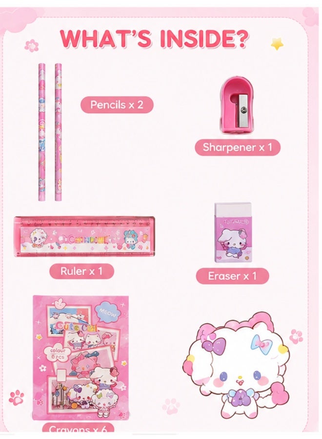 phomemo 6-in-1 Cute Lamb Stationery Set, School Supplies Gift Box for Kids Girls with Pencils Eraser Ruler Sharpener Notebook, Portable Pink Cartoon Design for Primary Students, Birthday Back to School Gift - Image 2