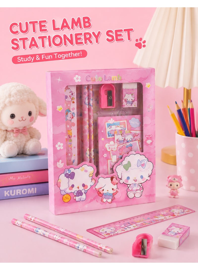 phomemo 6-in-1 Cute Lamb Stationery Set, School Supplies Gift Box for Kids Girls with Pencils Eraser Ruler Sharpener Notebook, Portable Pink Cartoon Design for Primary Students, Birthday Back to School Gift - Image 4