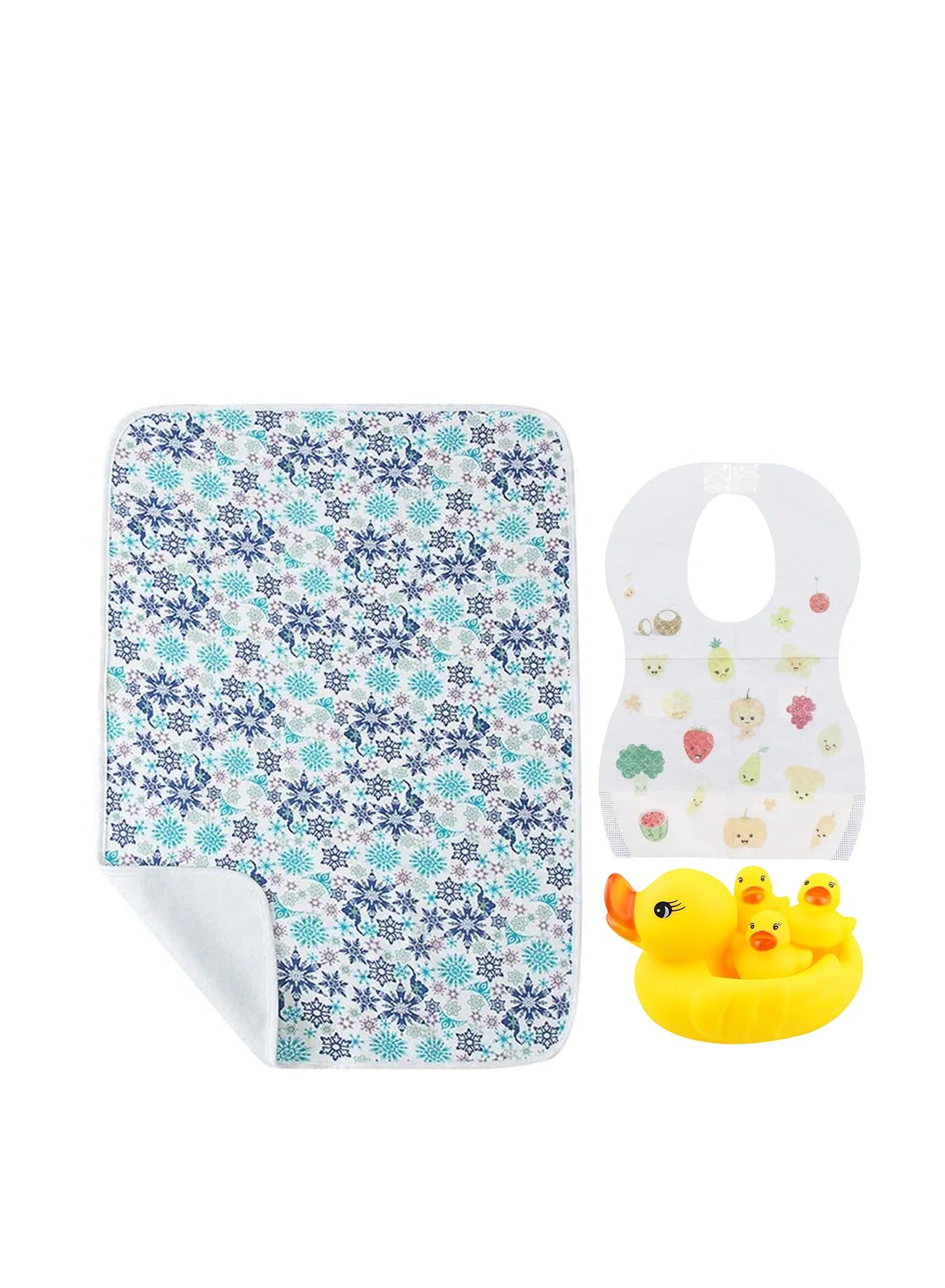 Star Babies Pack of 3 Combo pack -Reusable Changing mat, Rubber duck Toy (4pcs set), Bibs Pack of 10-Light Blue