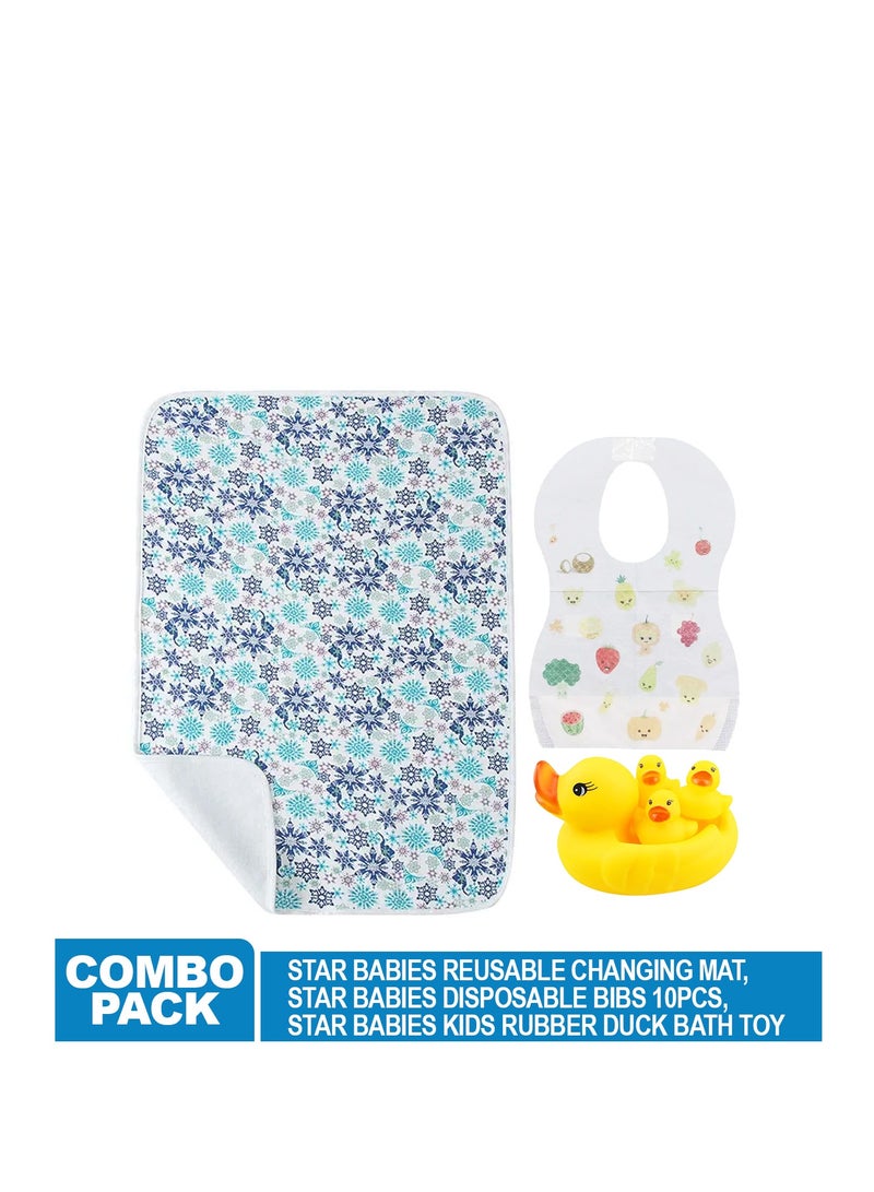 STAR BABiES حزمة ستار بيبيز من 3 قطع - حصيرة تغيير قابلة لإعادة الاستخدام، لعبة بطة مطاطية (مجموعة 4 قطع)، حزمة من 10 مآزر - أزرق فاتح - Image 2