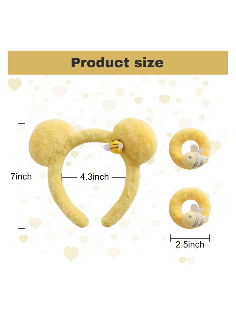 SYOSI Bear Ears Headband, with 2PC Hair Ties Yellow Plush Bee, Bee Ears Headband Adult The Pooh Ears Headband, Bear Headband Ponytail Holders Fashion Headbands, Women Girls Costume Accessories - Image 2