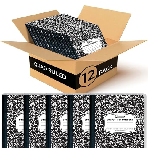 Rosmonde 12 Pack Graph Paper Composition Notebook, 200 Pages (100 Sheets), 4x4 Grid, Graph Composition Notebook, Black Marble Hard Cover Quad Ruled Notebooks for School, Bulk Grid Composition Notebook - Image 1