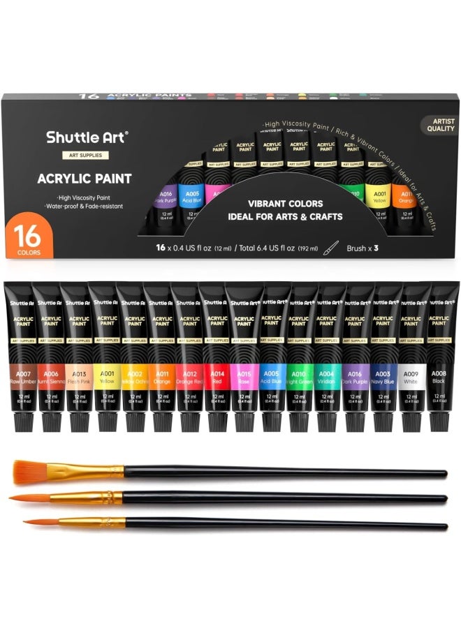 Shuttle Art Acrylic Paint Set, Shuttle Art 16 X12Ml Tubes Artist Quality Non Toxic Rich Pigments Colors Great For Kids Adults Professional Painting On Canvas Wood Clay Fabric Ceramic Crafts - Image 1