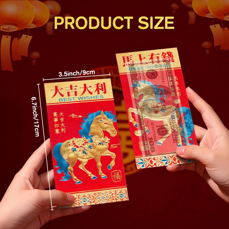 Paquesta 24 Pcs 2026 Chinese Year of the Horse Red Envelopes, 3.5" x 6.7" Large Sparkling Frosted Glitter Paper Money Envelopes for Chinese Lunar New Year, with Blessing Phrases - Image 2