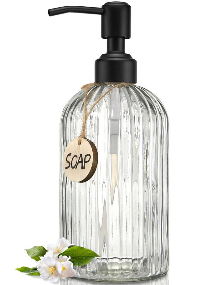 18OZ SIMPLE GLASS SOAP DISPENSER WITH BLACK RUST PROOF PUMPREFILLABLE KITCHEN SOAP DISPENSER WITH VERTICAL STRIPE BATHROOM SOAP DISPENSER FOR DISPENSE HAND SOAP DISH SOAP LOTION