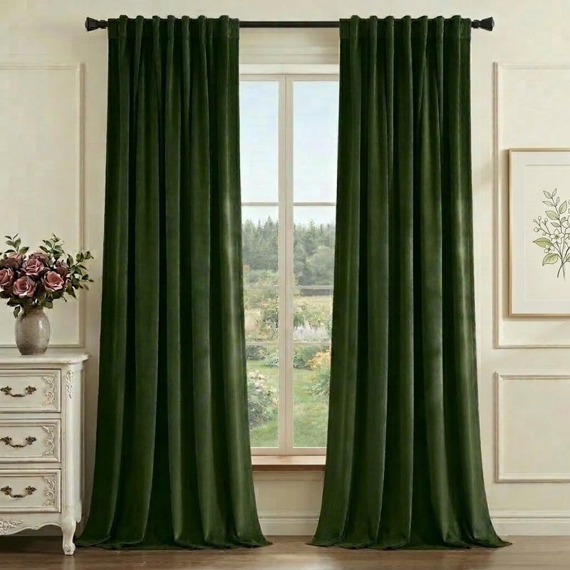 StangH Green Velvet Curtains 84 Inch Length, Luxury Vintage Emerald Drapes for Bedroom, Dark Green Room Darkening Window Treatment for Living Room with Back Tab & Hook Belt, W52 x L84, 2 Panels - Image 1