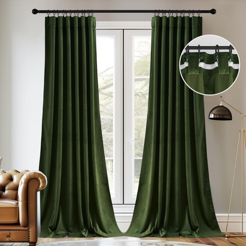 StangH Green Velvet Curtains 84 Inch Length, Luxury Vintage Emerald Drapes for Bedroom, Dark Green Room Darkening Window Treatment for Living Room with Back Tab & Hook Belt, W52 x L84, 2 Panels - Image 2