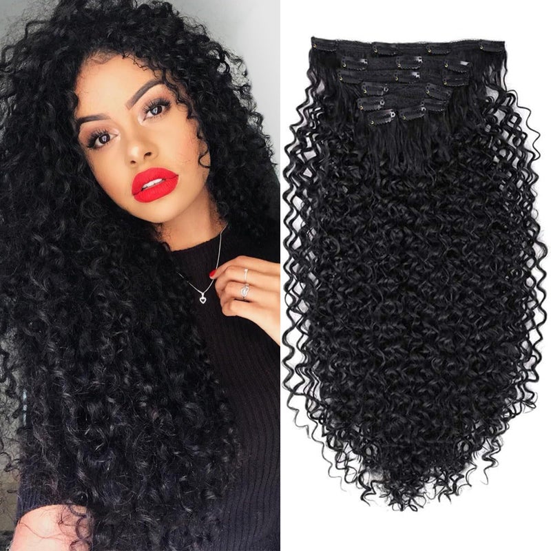 BHF 26 inch Kinky Curly Clip In Hair Extensions, Double Weft Full Head Japanese Heat Resistance Fiber 140g Synthetic Curly Hair Extensions For Women 7pieces (#1B) - Image 1