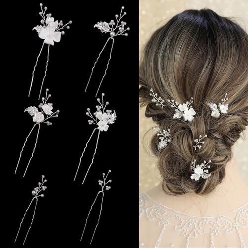 SELFCLOUD Handmade Pearl Bridal Wedding Hair Pins 6Pcs White Flower Gold Leaf Pearls Clips Bridal Hair Accessories for Women Brides Bridesmaid - Image 1