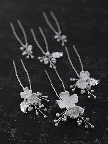 SELFCLOUD Handmade Pearl Bridal Wedding Hair Pins 6Pcs White Flower Gold Leaf Pearls Clips Bridal Hair Accessories for Women Brides Bridesmaid - Image 5