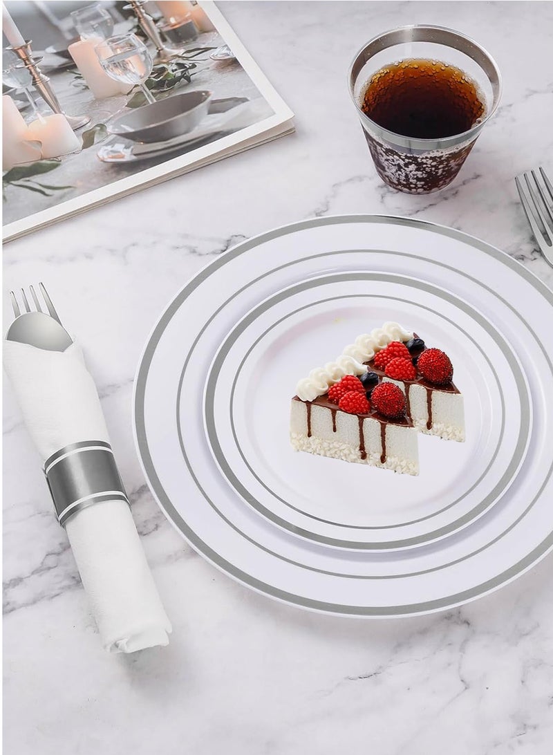 هومار كيت 200PCS علب المائدة الفضية مجموعة ل 25 ضيف، لوحات بلاستيكية للحزب، 25 لوحات الفضة التي تستخدم مرة واحدة، 25 لوحة الحلوى، 25 السكاكين، 25 ملعقة، 25 شوكة، 25 كوب، 25 قش و 25 منديل - Image 5