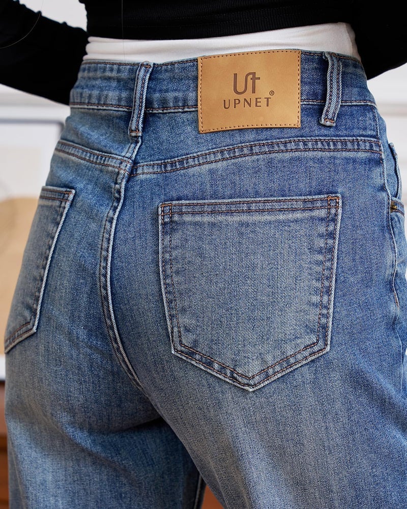 UPNET Womens High Waisted Jeans Stretchy Straight Leg Loose Fit Tummy Control Raw Hem Denim Pants Trendy 2025 Fashion (US, Numeric, 4, Regular, Regular, Blue) - Image 2