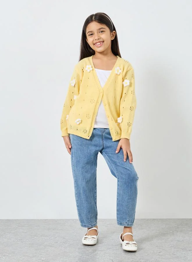 Styli Styli Girls Yellow Flower Knit Cardigan