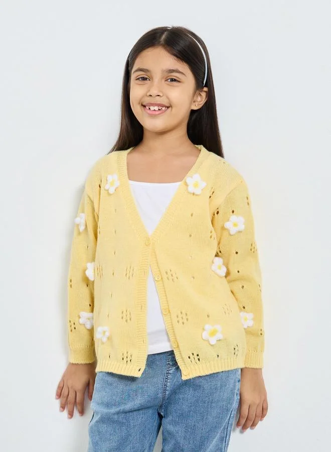Styli Styli Girls Yellow Flower Knit Cardigan
