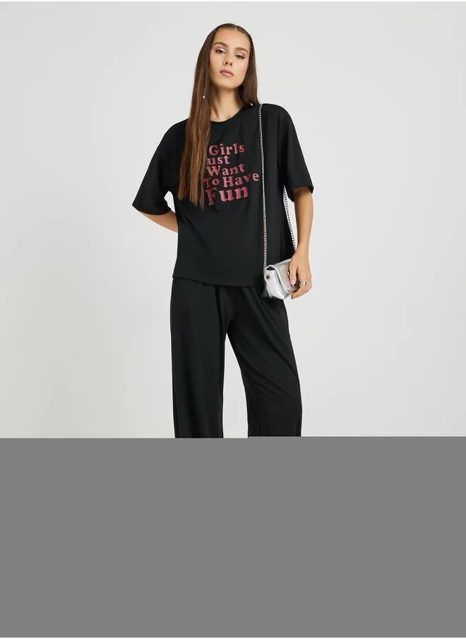 Take Two Take Two Slogan Print Short Sleeve T-Shirt and Joggers Set