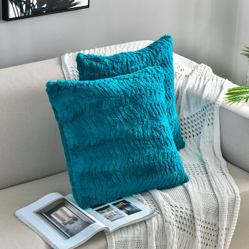 YUSOKI Luxury Faux Fur Throw Pillow Covers-18 x18,Set of 2-Decorative Fuzzy Fluffy Cozy Pillow Cases for Sofa Couch Bedroom Without Insert(Teal/Turquoise,18"x18") - Image 2
