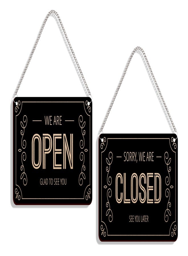DELWOR Engineered Wood Wodden Double Sided Open Closed Signage Board For Shop Wall Hanging Decor and Office Decor Item, Black - Image 1