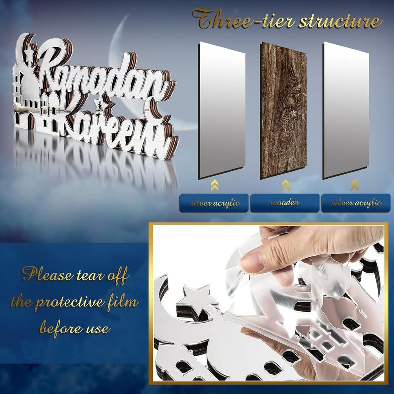 Queekay زينة طاولة إسلامية لرمضان مبارك لافتة رمضان كريم زينة عيد زينة منزل إسلامية هدايا رمضان حرف خشبي لافتة طاولة رمضان لافتة عيد مبارك طاولة فضية رمضان كريم - Image 3