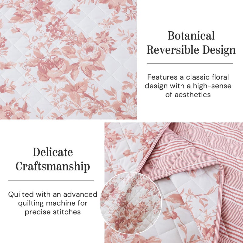 BLOOMHAVEN Quilt Set Queen Size, Dusty Rose Floral Quilt Sets, Reversible Bedspread Lightweight and Breathable for All Seasons, Soft Quilted Bedspread with 2 Pillow Shams - Image 3