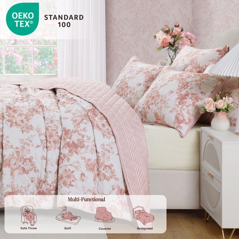 BLOOMHAVEN Quilt Set Queen Size, Dusty Rose Floral Quilt Sets, Reversible Bedspread Lightweight and Breathable for All Seasons, Soft Quilted Bedspread with 2 Pillow Shams - Image 4