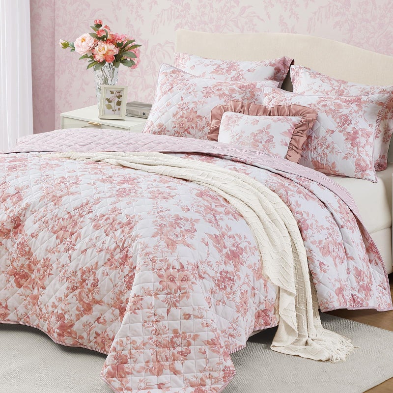 BLOOMHAVEN Quilt Set Queen Size, Dusty Rose Floral Quilt Sets, Reversible Bedspread Lightweight and Breathable for All Seasons, Soft Quilted Bedspread with 2 Pillow Shams - Image 2