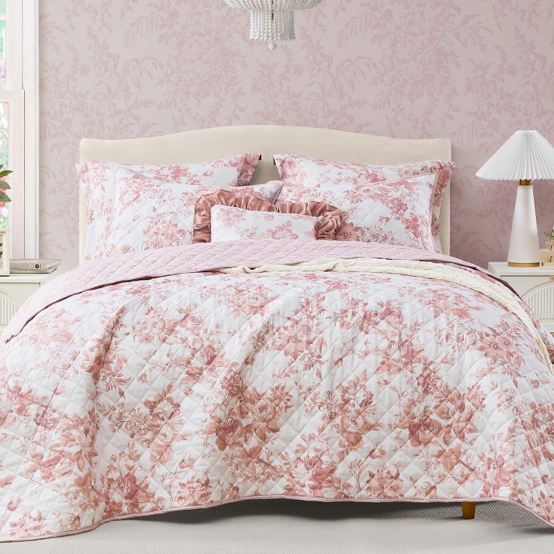 BLOOMHAVEN Quilt Set Queen Size, Dusty Rose Floral Quilt Sets, Reversible Bedspread Lightweight and Breathable for All Seasons, Soft Quilted Bedspread with 2 Pillow Shams - Image 1