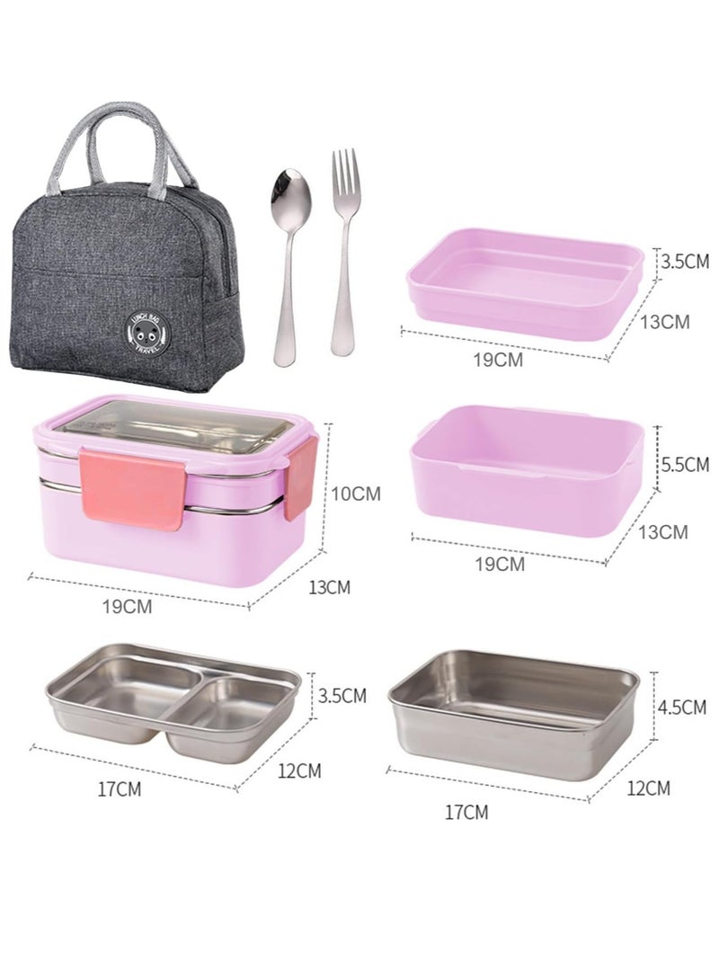 Lunch Box 2 Tier Stainless Steel Bento Lunch Box with 3 Compartments and Cutlery (Spoon & Fork) for Kids and Adults Leakproof Allow Dishwasher 1000ml (Pink) - Image 5