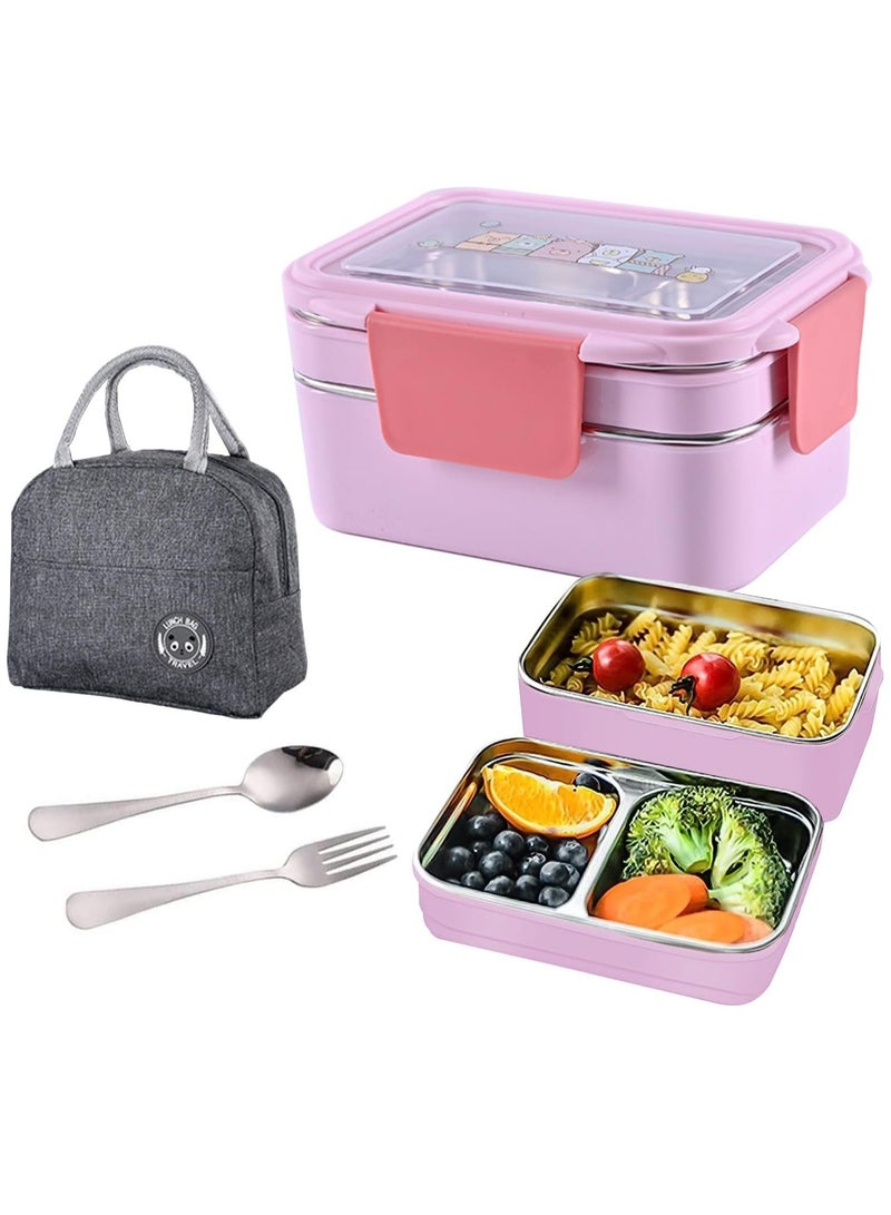 Lunch Box 2 Tier Stainless Steel Bento Lunch Box with 3 Compartments and Cutlery (Spoon & Fork) for Kids and Adults Leakproof Allow Dishwasher 1000ml (Pink) - Image 1