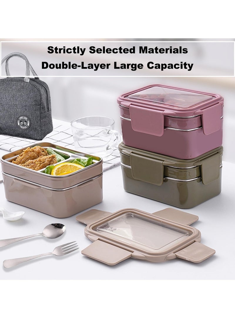 Lunch Box 2 Tier Stainless Steel Bento Lunch Box with 3 Compartments and Cutlery (Spoon & Fork) for Kids and Adults Leakproof Allow Dishwasher 1000ml (Pink) - Image 4