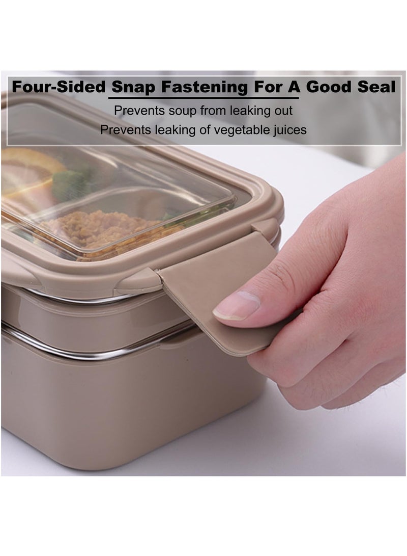Lunch Box 2 Tier Stainless Steel Bento Lunch Box with 3 Compartments and Cutlery (Spoon & Fork) for Kids and Adults Leakproof Allow Dishwasher 1000ml (Pink) - Image 2
