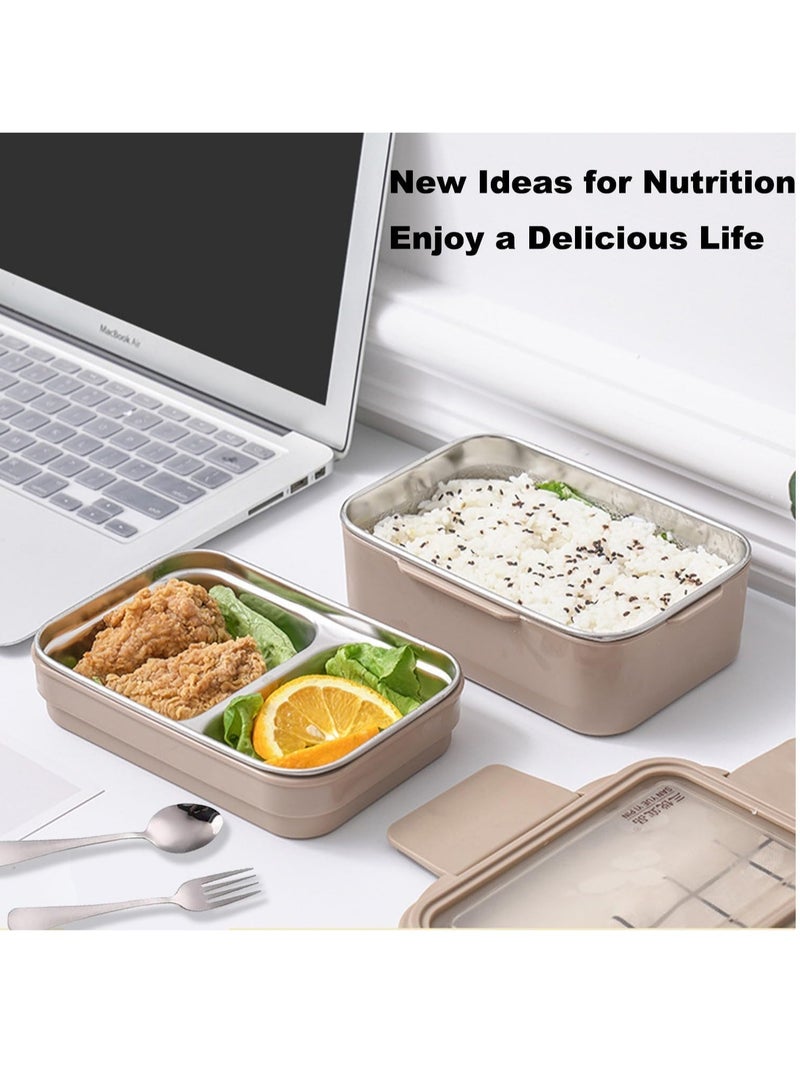 Lunch Box 2 Tier Stainless Steel Bento Lunch Box with 3 Compartments and Cutlery (Spoon & Fork) for Kids and Adults Leakproof Allow Dishwasher 1000ml (Pink) - Image 3