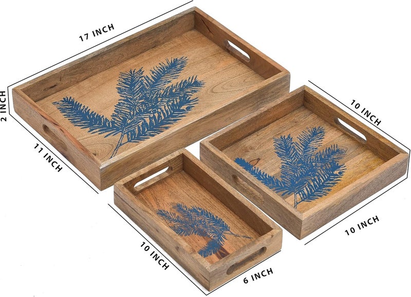 OGGN Bagru Printed Wooden Serving Tray Set of 3 with Handles for Coffee/Tea/Drinks/Cakes/Snacks for Kitchen,Home,Table/Office/Restaurant/Decoration/Gifting/Bagru Printed Tray (17 * 11 * 2) - Image 4