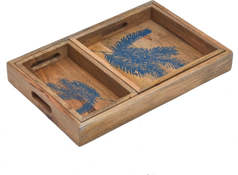 OGGN Bagru Printed Wooden Serving Tray Set of 3 with Handles for Coffee/Tea/Drinks/Cakes/Snacks for Kitchen,Home,Table/Office/Restaurant/Decoration/Gifting/Bagru Printed Tray (17 * 11 * 2) - Image 3