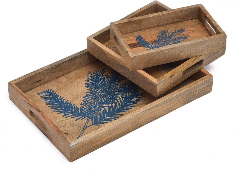 OGGN Bagru Printed Wooden Serving Tray Set of 3 with Handles for Coffee/Tea/Drinks/Cakes/Snacks for Kitchen,Home,Table/Office/Restaurant/Decoration/Gifting/Bagru Printed Tray (17 * 11 * 2) - Image 2
